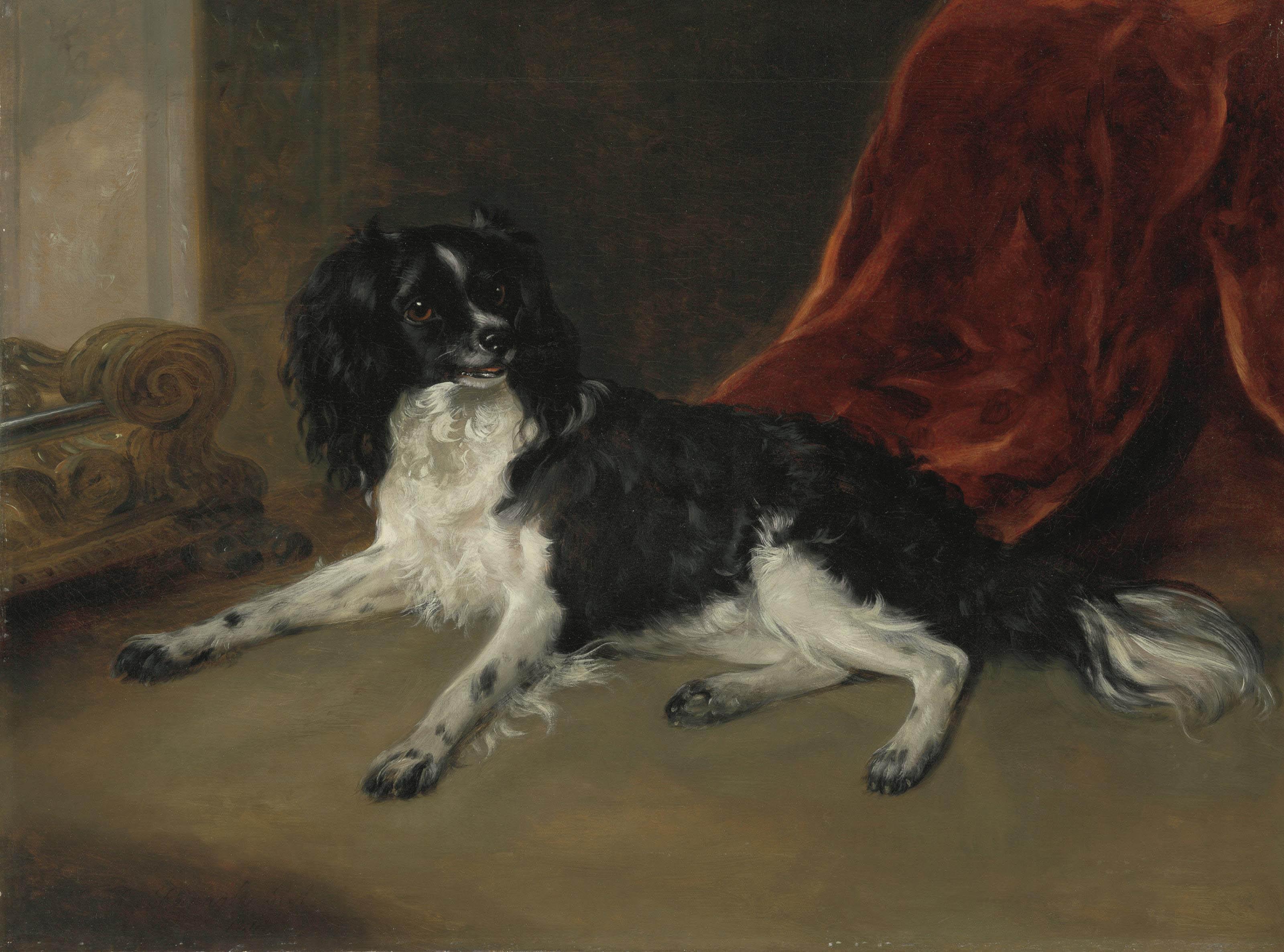 Richard Ramsay Reinagle, R.A. - A King Charles Spaniel by a Fireplace