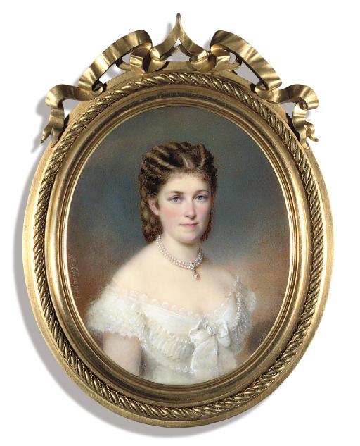 Richard Schwager - A lady, in lace-trimmed white dress, white ribbon tied at corsage, two-strand pearl necklace centred with a gold-mounted gem-set pendant, upswept hair