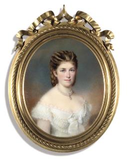 Richard Schwager - A lady, in lace-trimmed white dress, white ribbon tied at corsage, two-strand pearl necklace centred with a gold-mounted gem-set pendant, upswept hair