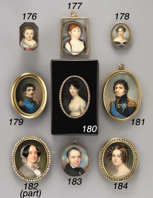 Richard Schwager - Claudine, Countess von Hohenstein, facing right in white dress, twisted double strand pearl necklace, her brown hair dressed in ringlets