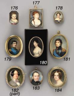 Richard Schwager - Claudine, Countess von Hohenstein, facing right in white dress, twisted double strand pearl necklace, her brown hair dressed in ringlets