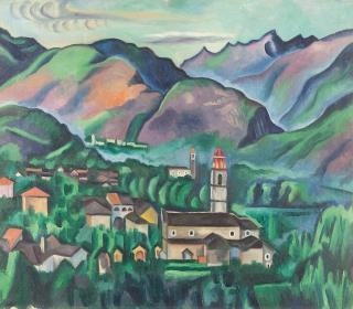 Richard Seewald - Tessinerberge mit zwei Kirchen, Pedemonte.