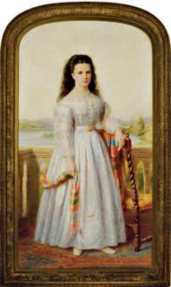 Richard Smith - Portrait of a young lady, wearing a white dress, on a terrace