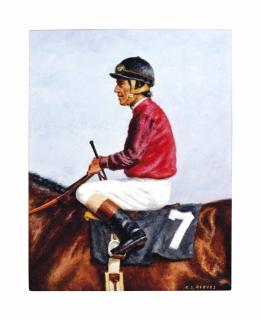 Richard Stone Reeves - Laffit Pincay Jr., atop Caveat, wearing the colors of August Belmont IV