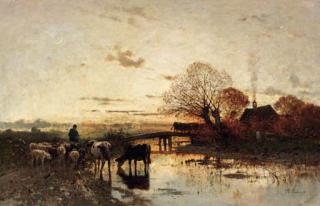 Richard Von Poschinger - A shepherd with his herd at dusk