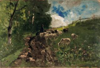 Richard von Poschinger - Schafhirte mit seiner Herde am Wegesrand.