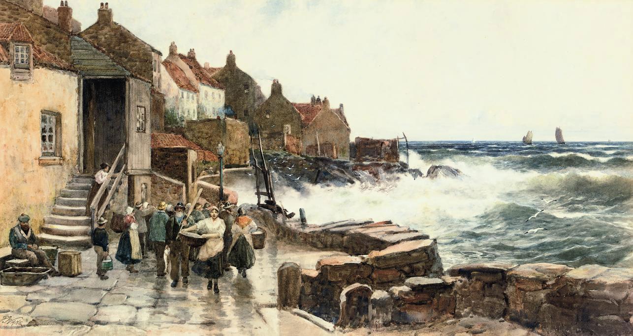 Richard Wane - Fisherfolk with their catch in a Scottish port, an onshore breeze