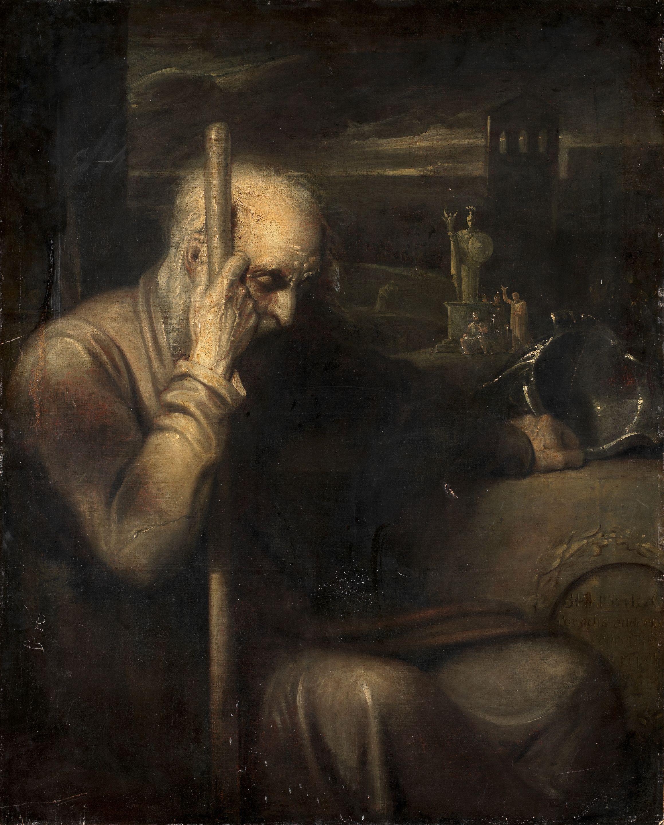 Richard Westall, R.A - Belisarius Leaning On His Staff, His Hand Resting On A Helmet, Romans By A Statue Beyond