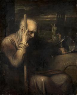 Richard Westall, R.A - Belisarius Leaning On His Staff, His Hand Resting On A Helmet, Romans By A Statue Beyond