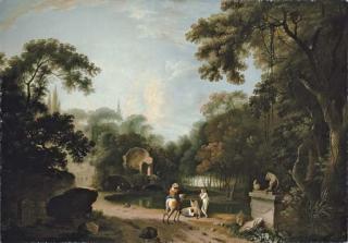 Richard Wilson, R.A. - A classical wooded landscape with ruins, a traveller on a path and figures resting by a river
