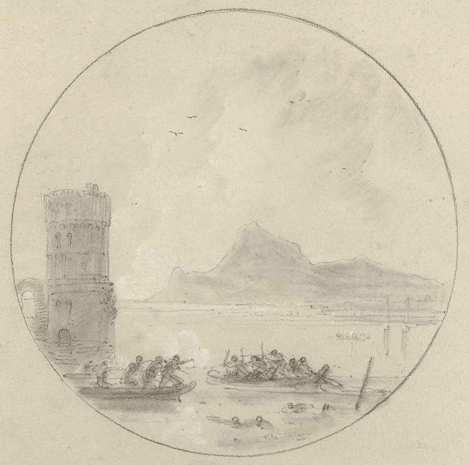Richard Wilson, R.A. - A skirmish in rowing-boats in the Bay of Baiae, an island beyond