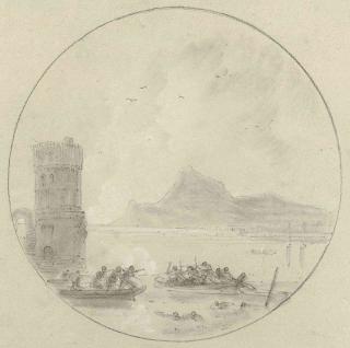 Richard Wilson, R.A. - A skirmish in rowing-boats in the Bay of Baiae, an island beyond
