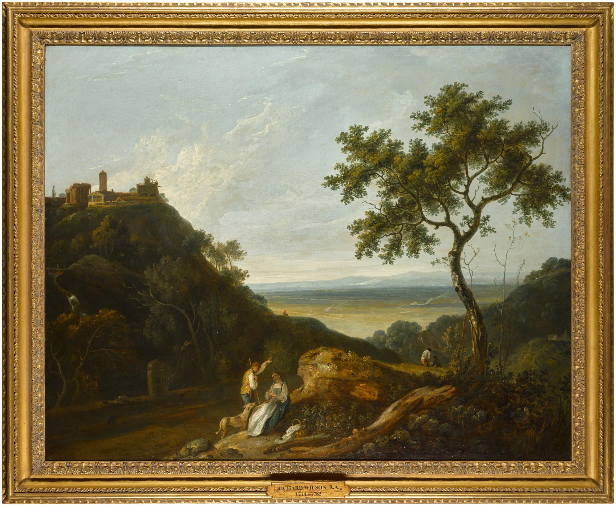 Richard Wilson, R.A. - An extensive Italianate landscape with figures in the foreground, and a classical villa on a mountain top in the background