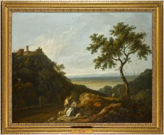 Richard Wilson, R.A. - An extensive Italianate landscape with figures in the foreground, and a classical villa on a mountain top in the background