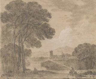 Richard Wilson, R.A. - An Italian landscape with figures on a path and a town beyond