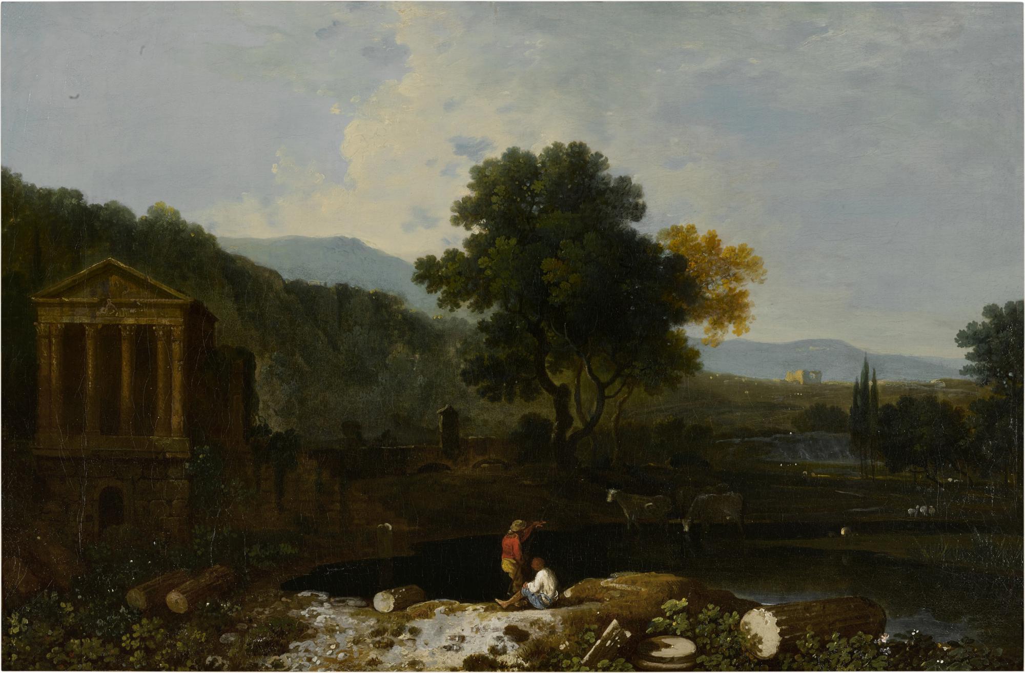 Richard Wilson, R.A. - An Italian river scene, with the Temple of Clitumnus and ruins, two figures and cows