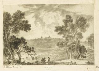 Richard Wilson, R.A. - Castel Gandolfo; A View Of The Town From Across The North End Of Lake Albano, With A Shepherd In The Foreground