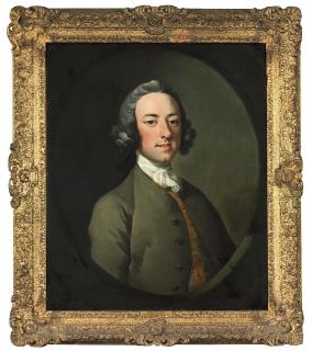 Richard Wilson, R.A. - Portrait of a gentleman, said to be William Lock (1732-1810), bust-length, in a grey coat, a gold-embroidered blue waistcoat and white stock, in a sculpted cartouche