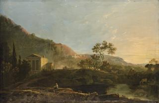 Richard Wilson, R.A. - The Temple of Clitumnus, with the cows drinking from the spring of Clitumnus, near Spoleto, Umbria