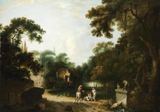 Richard Wilson - A classical wooded landscape with ruins, a traveller on a path and figures resting by a river