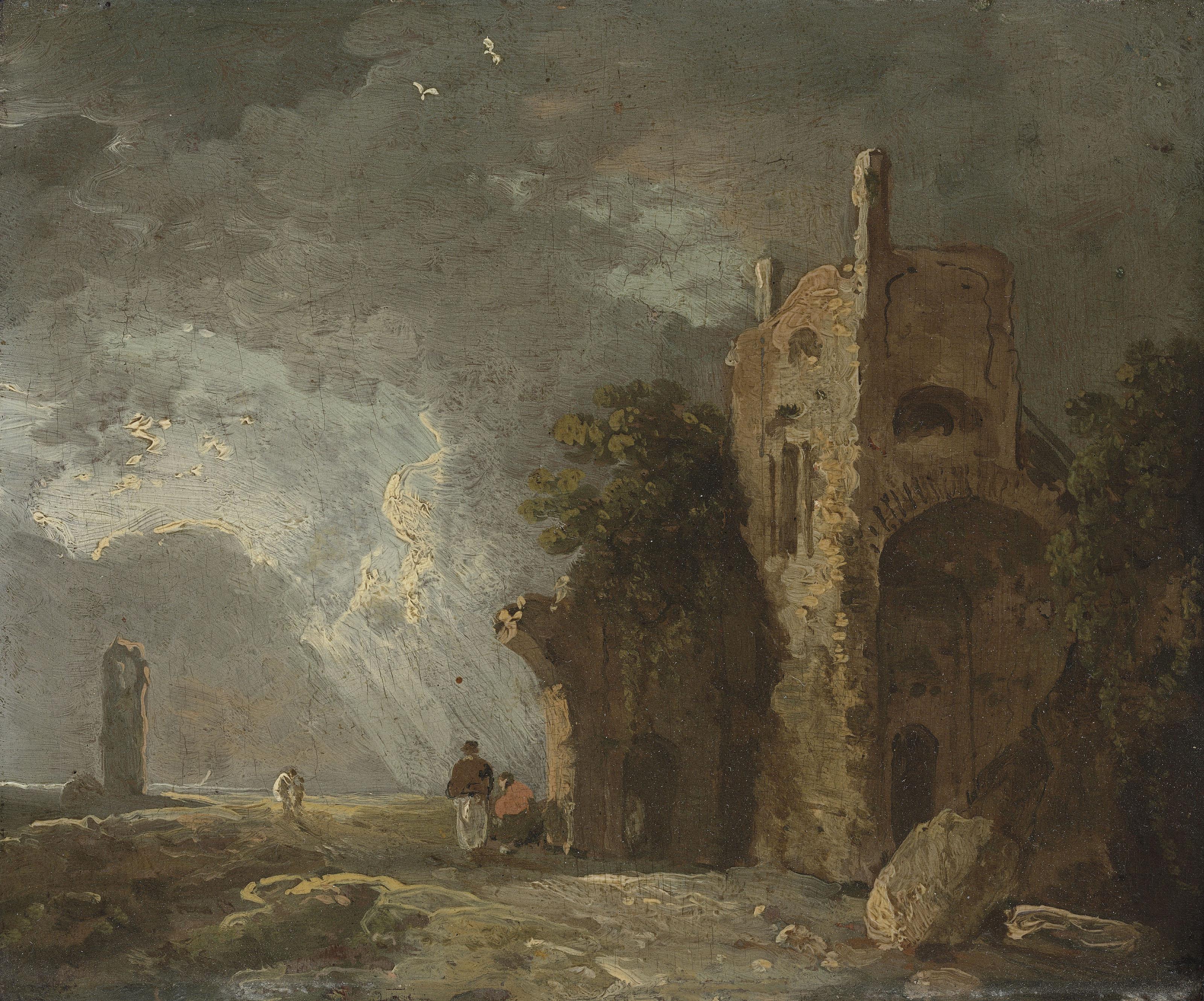 Richard Wilson - A stormy landscape with figures by ruins