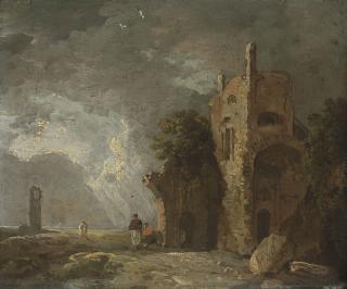 Richard Wilson - A stormy landscape with figures by ruins