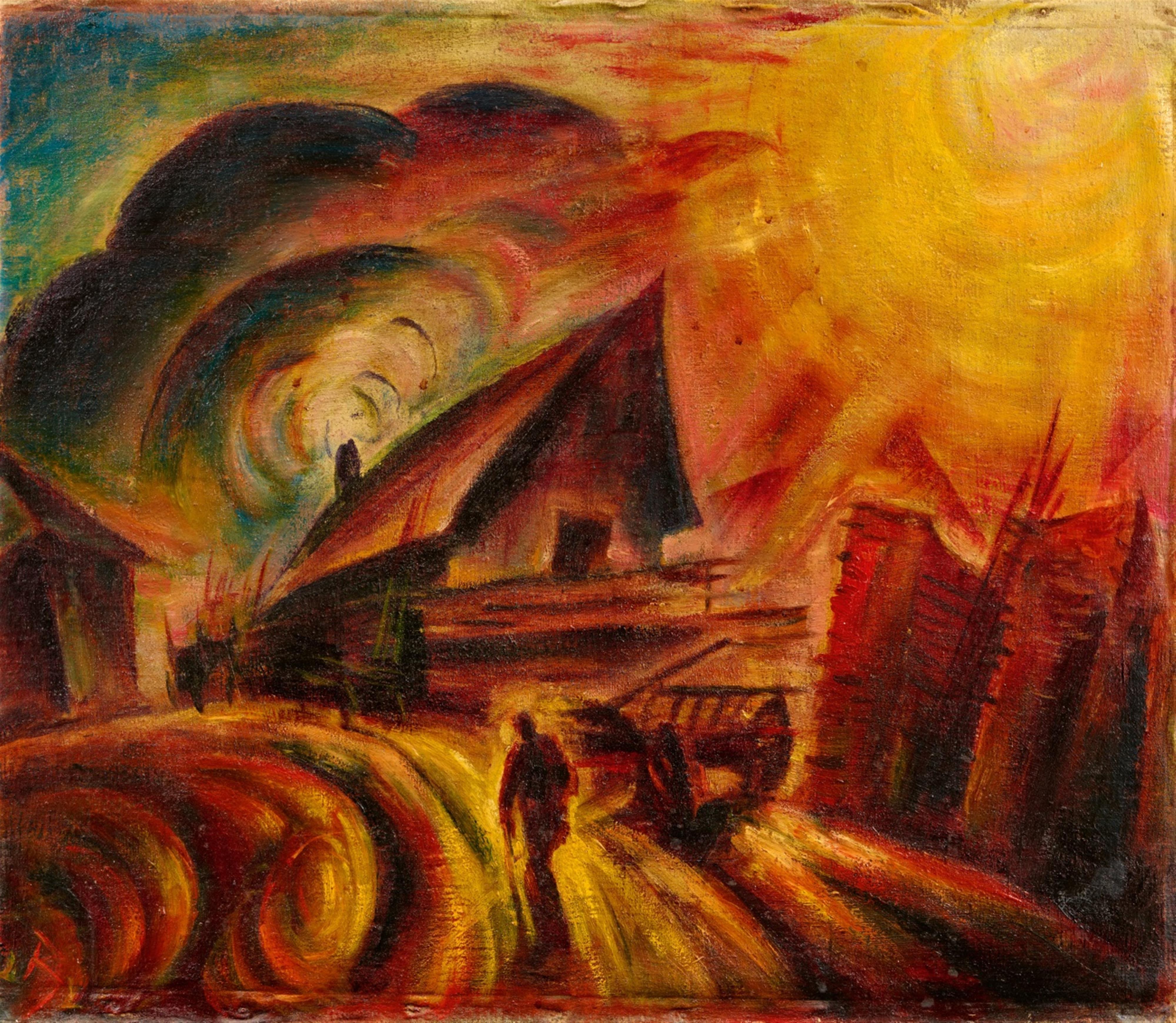 Richard Ziegler - Häuser am Weg. Rückseitig: Blühender Baum