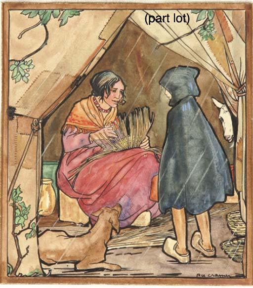 Rie Cramer - A woman and a child bowing; Making a basket and Looking at the ceiling - book illustrations