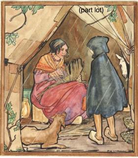 Rie Cramer - A woman and a child bowing; Making a basket and Looking at the ceiling - book illustrations