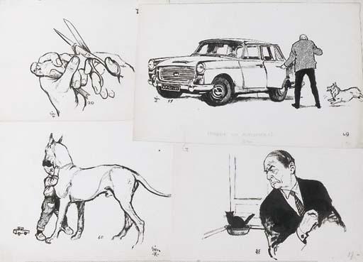 Rien Poortvliet - Honden en Autorijden; Four drawings in one frame