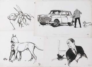 Rien Poortvliet - Honden en Autorijden; Four drawings in one frame