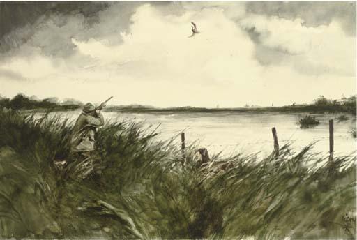 Rien Poortvliet - Hunter shooting duck by a lake