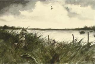 Rien Poortvliet - Hunter shooting duck by a lake