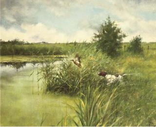 Rien Poortvliet - Hunting dog with flying duck
