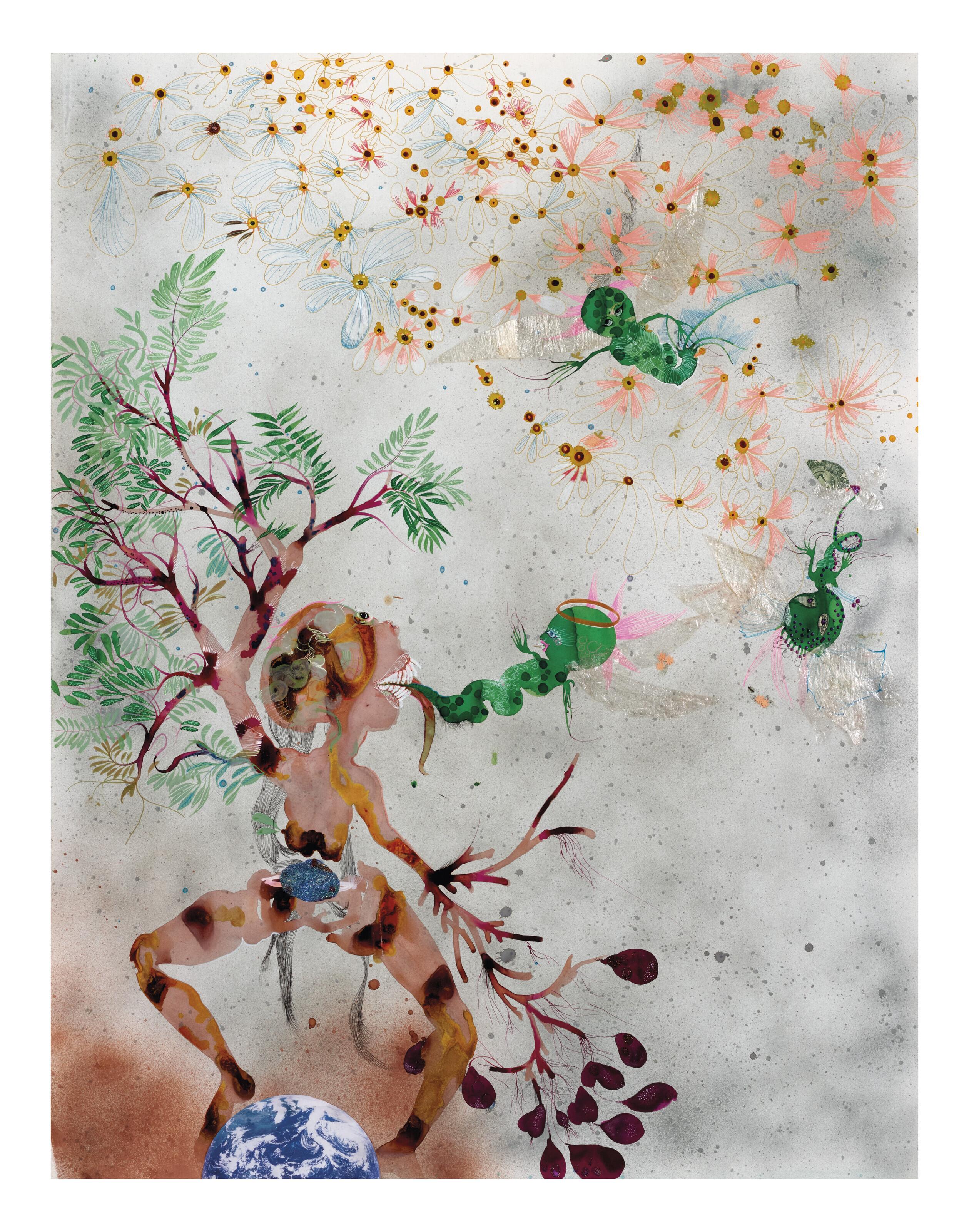 Rina Banerjee - Tightly footed upon this earth and owning only limbs of fruit and leaf too he fought to clear his throat of all other beings thaty float and fly and move about like you