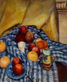 Rinaldo Cuneo - Still Life with Fruit on a Blue Gingham Cloth