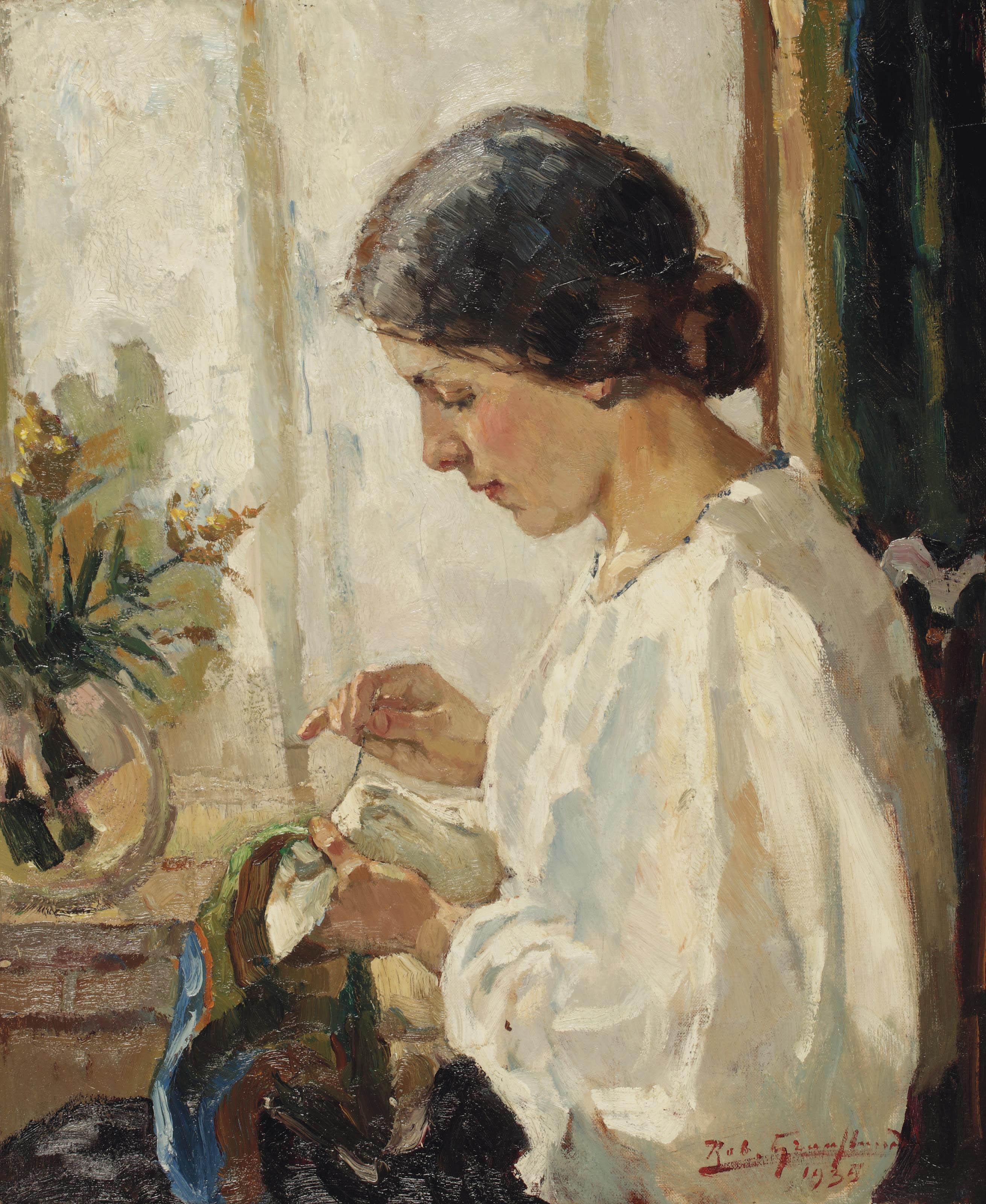 Rob Graafland - A seamstress doing needlework by a window