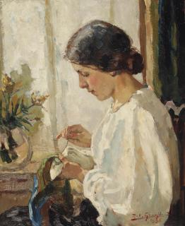 Rob Graafland - A seamstress doing needlework by a window