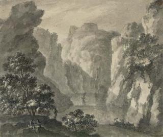 Robert Adam, R.A. - A Gorge With A Boat And Figures In The Foreground
