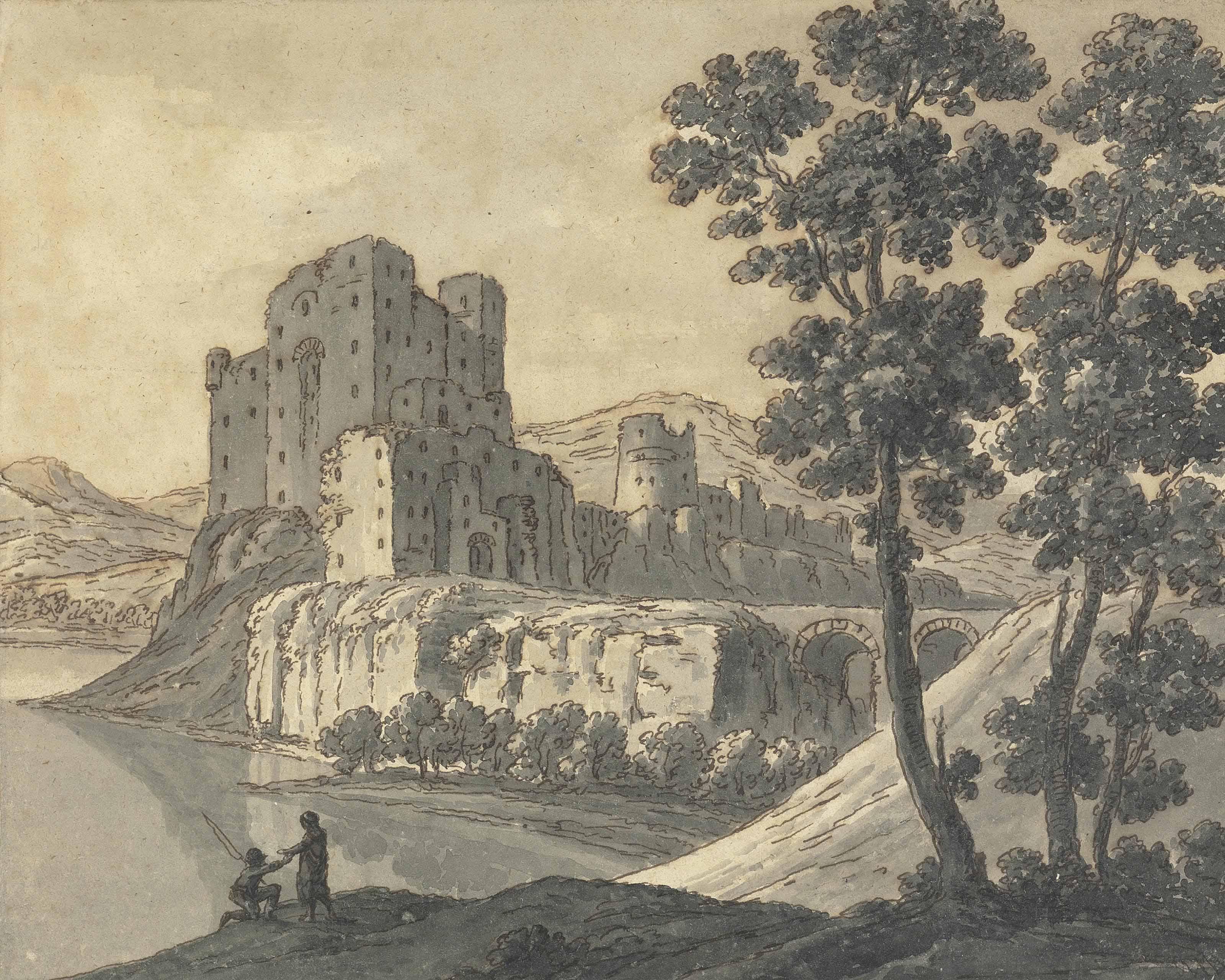 Robert Adam - A Capriccio View With A Castle, On A River, Anglers In The Foreground