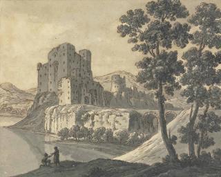Robert Adam - A Capriccio View With A Castle, On A River, Anglers In The Foreground