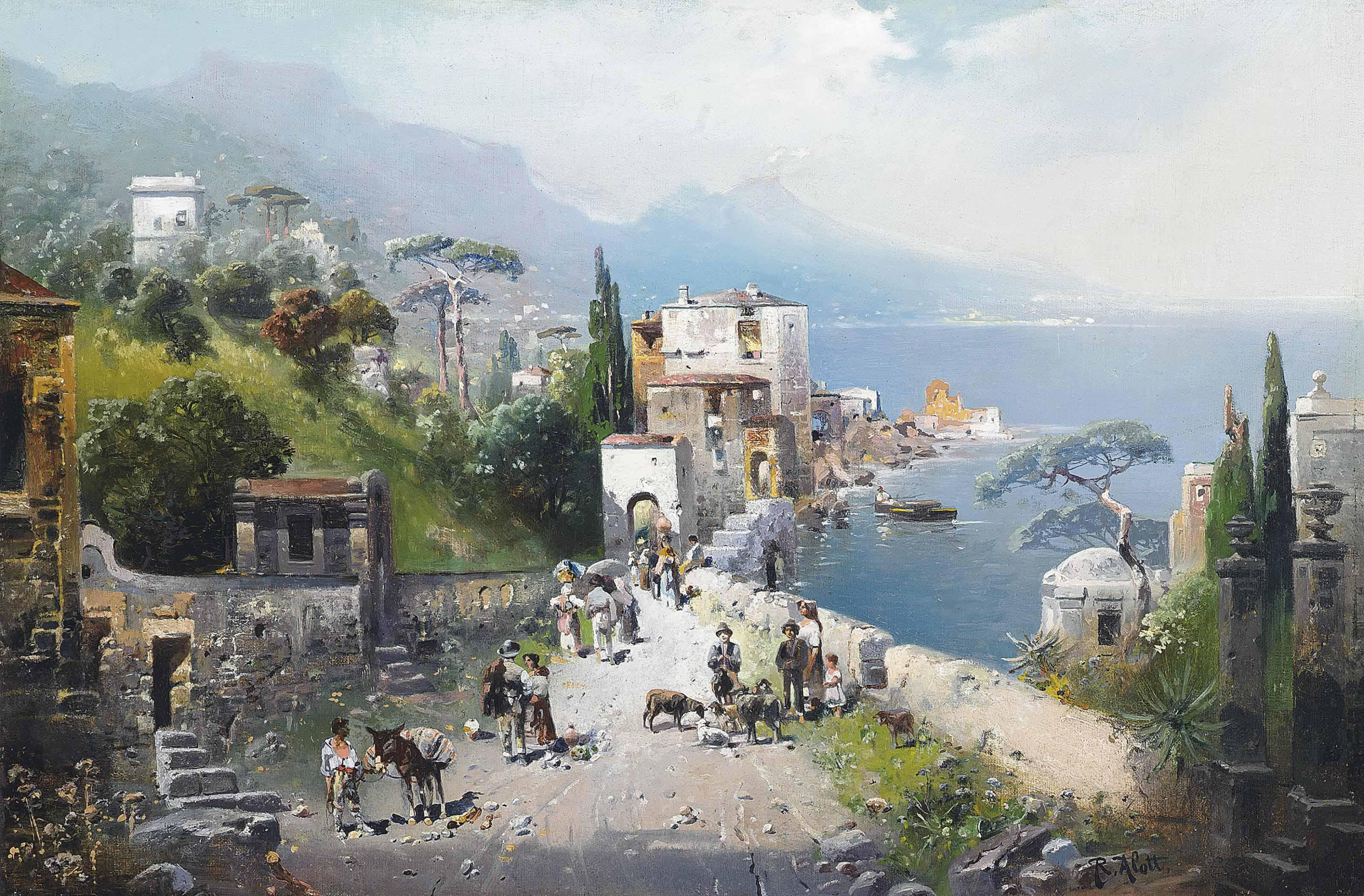 Robert Alott - A busy coastal path on the Bay of Naples, Vesuvius beyond