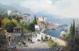 Robert Alott - A busy coastal path on the Bay of Naples, Vesuvius beyond