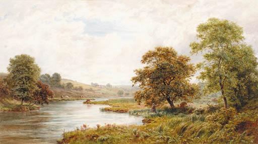 Robert Angelo Kitterminster Marshall - An extensive wooded river landscape with an angler in the foreground