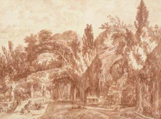 Robert Ango - Une Terrasse Dans Le Jardin de Villa Pamphili, Des Figures Avec Une Brouette Au Premier Plan