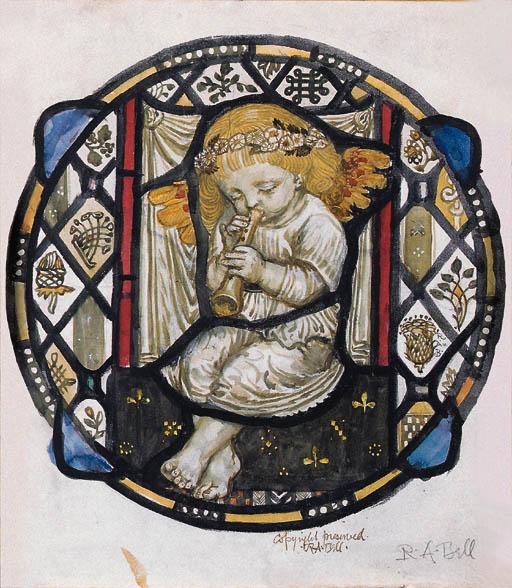 Robert Anning Bell - Stained-glass design of putto playing the flute