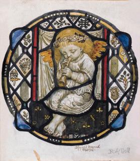 Robert Anning Bell - Stained-glass design of putto playing the flute