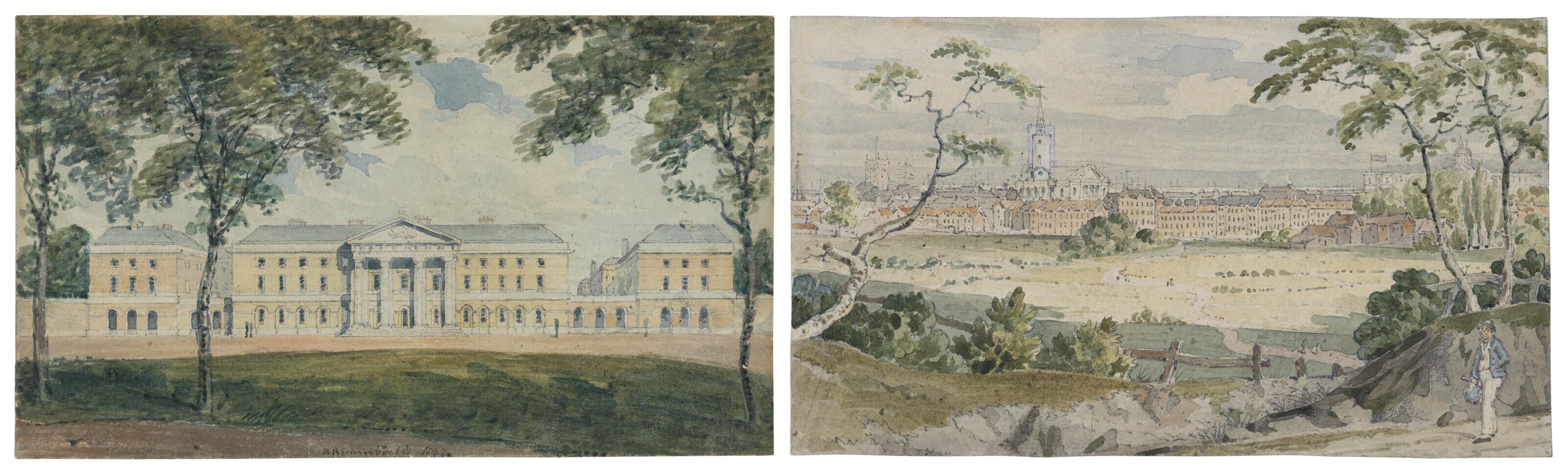 Robert Blemmell Schnebbelie - Two watercolours: Deptford from the Greenwich Road and The Duke of York\'s Headquarters, King\'s Road, Chelsea