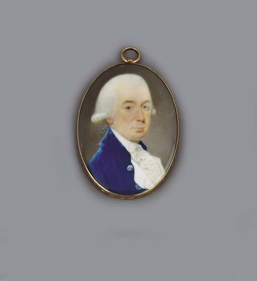 Robert Bowyer - William, 6th Baron Craven (1738-1791), facing right in blue coat with silver buttons, white waistcoat and frilled cravat, powdered hair en queue