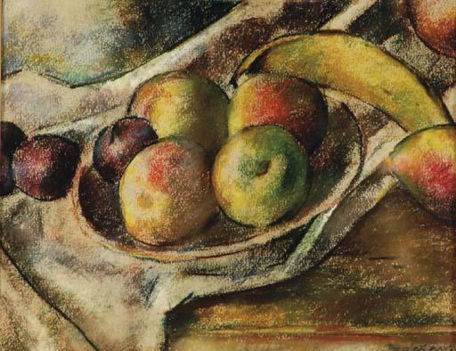 Robert Brackman - Apples, plums and a banana on a tabletop